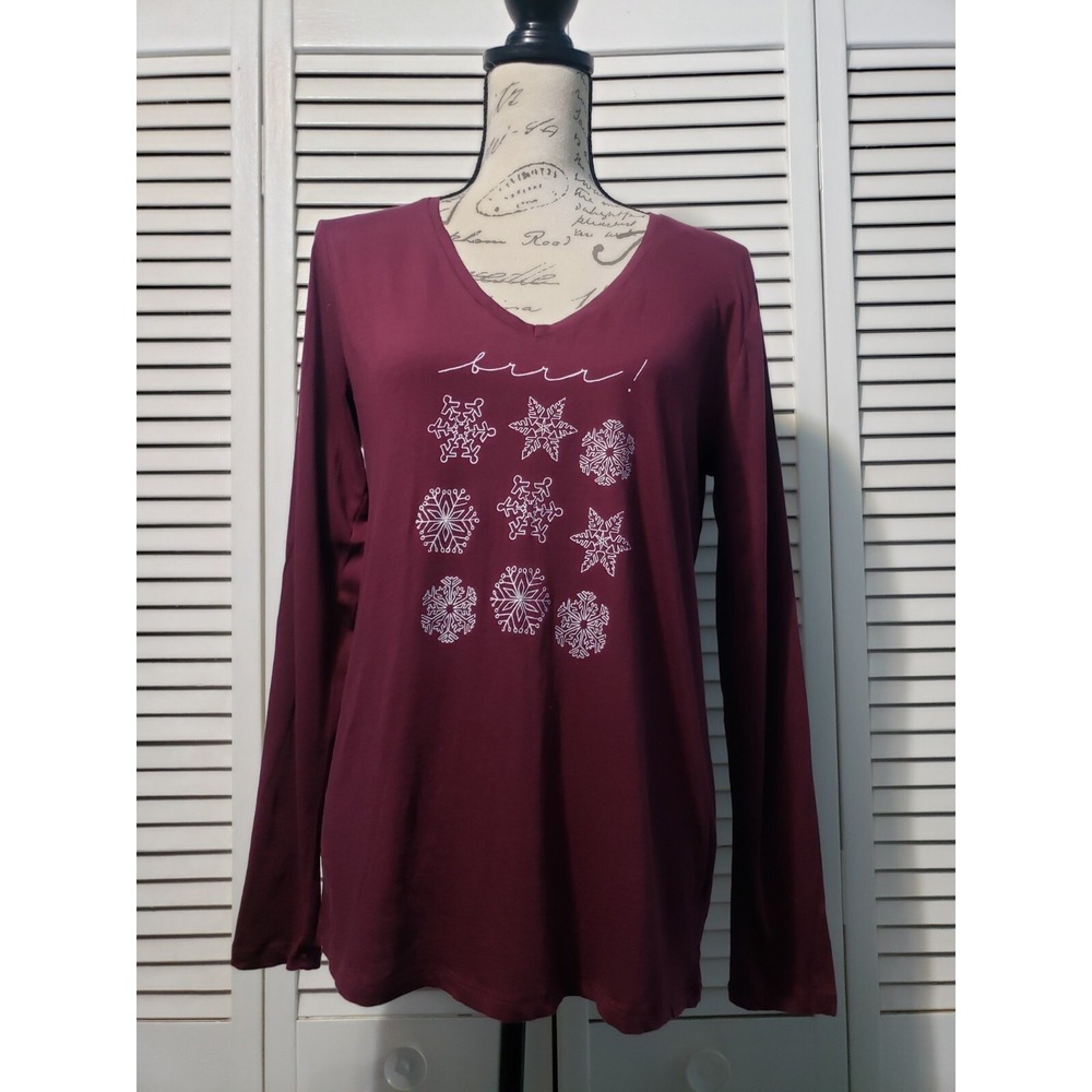 Loft Outlet T-Shirt‎ Women's Size Medium Burgundy Long Sleeve Holiday Novelty